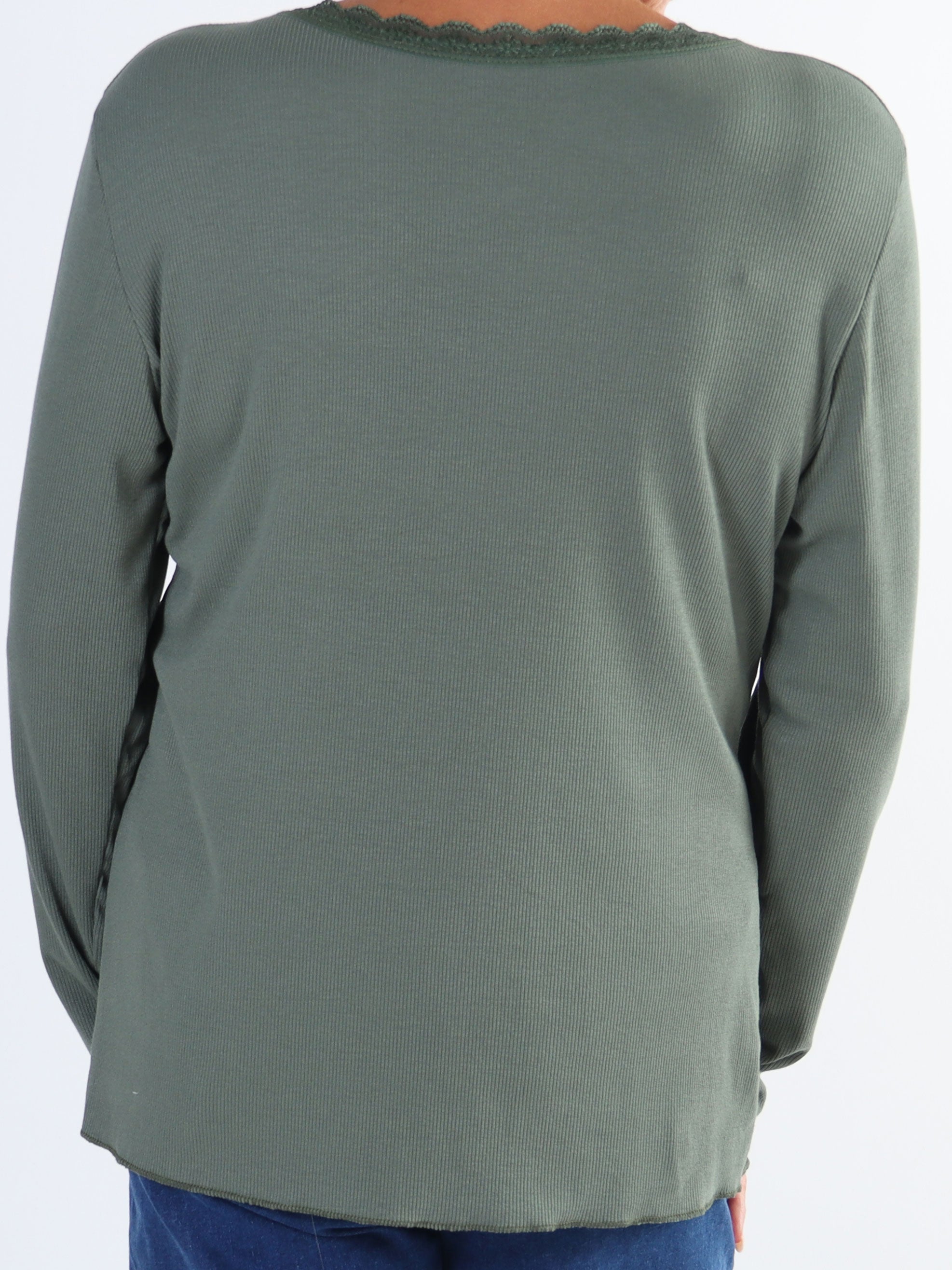 Ibina Long Sleeve - Plus size bluse med rib og blondekanter